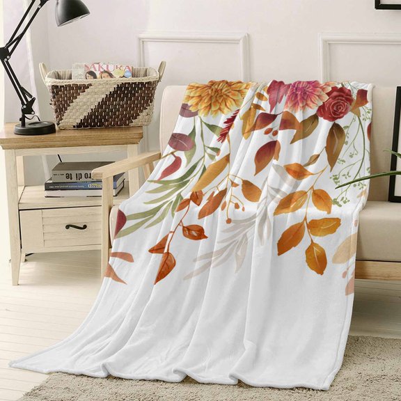Fall Leaf Autumn Flowers Orange Botanical Thanksgiving Farm Throw Flannel Blanket 40x50In Super Soft Cozy Bed Blanket, Lightweight Plush Fuzzy Bed Throw for Bedroom Sofa Couch Living Room
