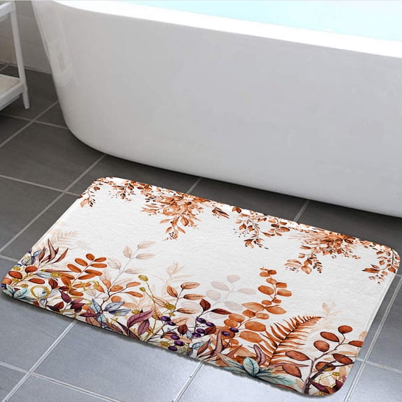 Fall Leaf Bath Mat, Autumn Leaves Brown White Bathroom Rugs Soft Flannel Bath Mats Bathroom Decor Warm Floor Mat Living Room Bedroom Rugs, 29x17 Inches