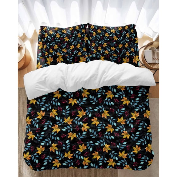 Fall Leaf Bedding Duvet Cover Set Queen Size 4 Pieces Watercolor Maple Leaf Berries Black Background Bedding Set with Zipper Closure, 1 Comforter Cover 90x92 Inches 1 Flat Sheet & 2 Pillow Cases