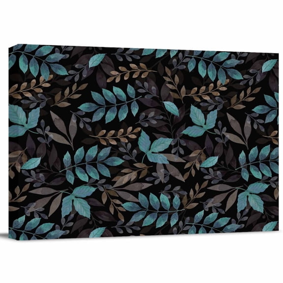Fall Leaf Canvas Print Wall Art, Country Pastoral Vintage Boho Black Teal Brown Leaves Wall Decor Modern Artwork Paintings Pictures for Living Room Stretched and Framed Ready to Hang - 12" x 16"