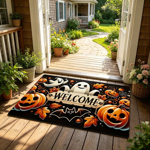 Fall Leaf Cartoon Ghost Pumpkin Welcome Graphic Print Floor Mat, Home Entryway Halloween Themed Decor, Housewarming Front Door Mat Holiday Gift
