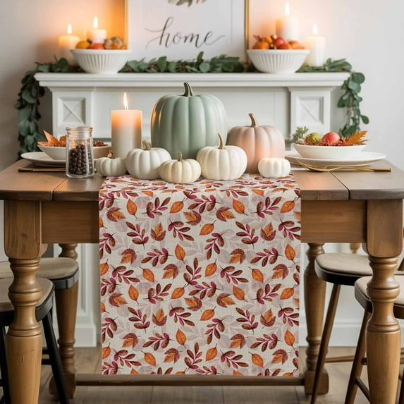 Fall Leaf Cotton Linen Table Runner, Washable Table Runners for Kitchen, Dining Room, Holiday, Home Party Table Decor, 13x108 Inches