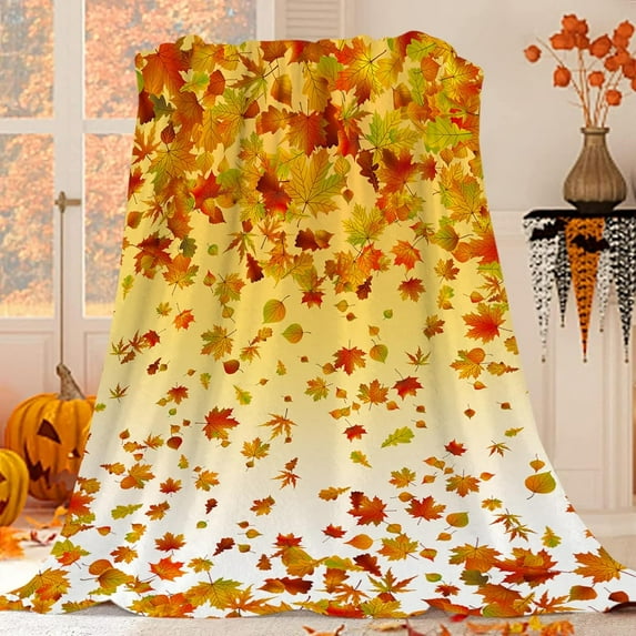 Fall Leaf Flannel Throw Blanket 50x60 Inch, Autumn Nature Red and Yellow Fall Leaf Cozy and Soft Plush Warm Blankets for Bed Couch Living Room Sofa Chair