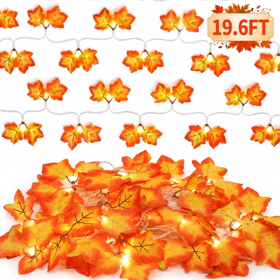 Fall Leaf Garland with Lights,19.6FT 40 LED Maple Leaf  String Lights Garland Lights for  Thanksgiving Halloween Home Autumn Indoor Decor(Orange)