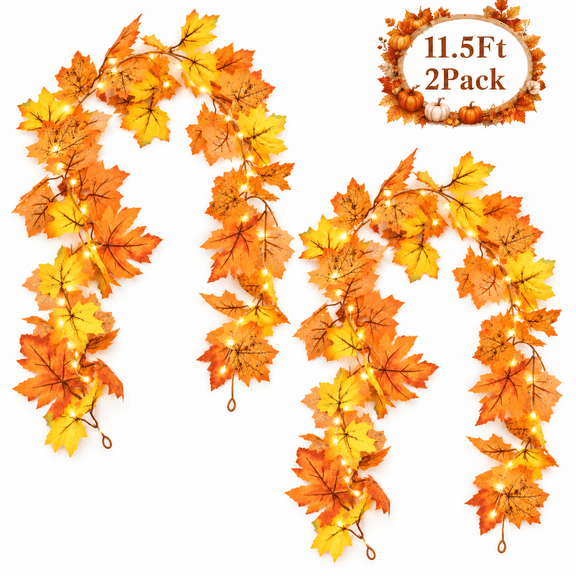 Fall Leaf Garland with Lights,Battery Operated Maple Leaf Decorations for Thanksgiving, Autumn,Home,Mantel and Fireplace 11.5 Ft 2 Pack