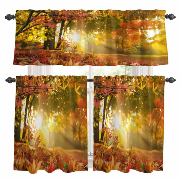Fall Leaf Kitchen Curtains Valances and Tiers Set of 3 Maple Leaf Woods Sunset Nature Scenery Tier Curtains and Valance with Rod Pocket for Small Windows, 27.5"x24"