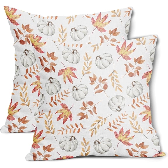 Fall Leaf and Pumpkin Pillow Covers 16x16 Inch Autumn Maple Leaf Thanksgiving Cotton Linen Decorative Throw Pillow Case Cushion Cover Set of 2 for Bedroom Sofa Living Room Couch Chair