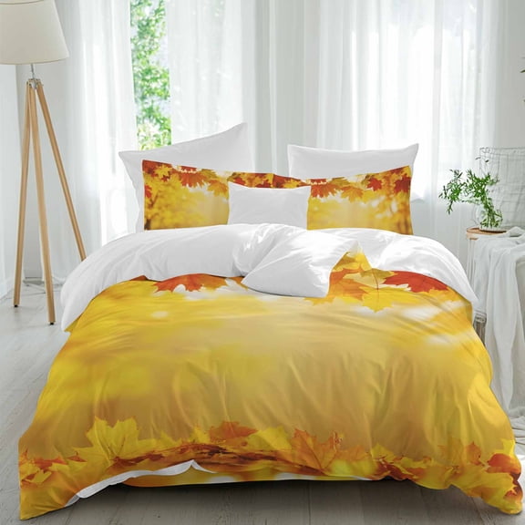 Fall Leaf Queen Duvet Cover Set, Maple Leaf Fallen Leaves Abstract Scenery 4 Piece Microfiber Bedding Set with Zipper Closure, Bed Sheet and 2 Pillow Shams, Soft Bedding Cover