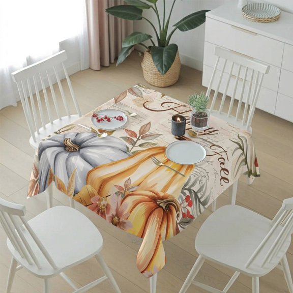 Fall Leaf Retro Letter Background Table Cloth 54x54in, Waterproof Square Tablecloth Wipeable Tablecloths Autumn Orange White Pumpkin Table Covers for Dining Tables Party Indoor Outdoor