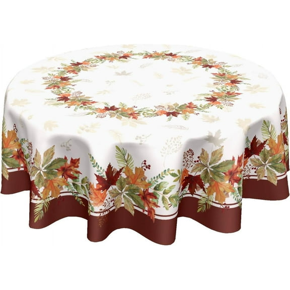 Fall Leaf Round Tablecloth 60 Inch Autumn Harvest Maple Leaves Bordered Table Cloth Rustic Farmhouse Thanksgiving Holiday Polyester Circle Table Cover for Dining Room Home Decor