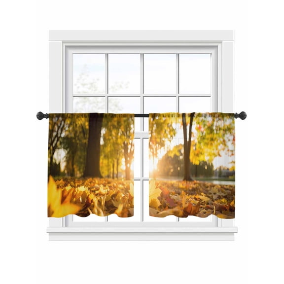 Fall Leaf Sheer Curtains 2 Panels Set Maple Leaf Wood Sunset Nature Scenery Sheer Window Curtains Light Filtering Rod Pocket Voile Drapes for Bedroom Living Room 52"x45"