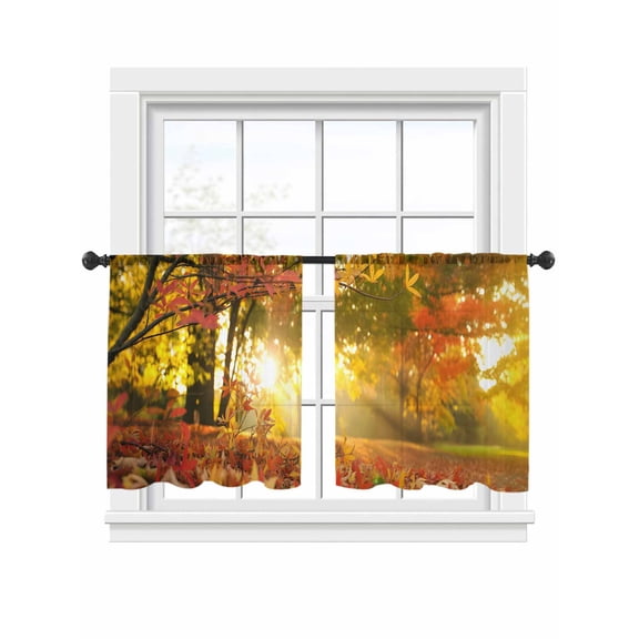 Fall Leaf Sheer Curtains 2 Panels Set Maple Leaf Woods Sunset Nature Scenery Sheer Window Curtains Light Filtering Rod Pocket Voile Drapes for Bedroom Living Room 52"x54"