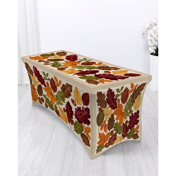 Fall Leaf Spandex Tablecloth 4ft Thanksgiving Farmhouse Orange Brown Green Yellow Leaves Elastic Fitted Cloth for Rectangle Table Washable Wrinkle Proof Stretch Table Cover for Autumn Party Banquet