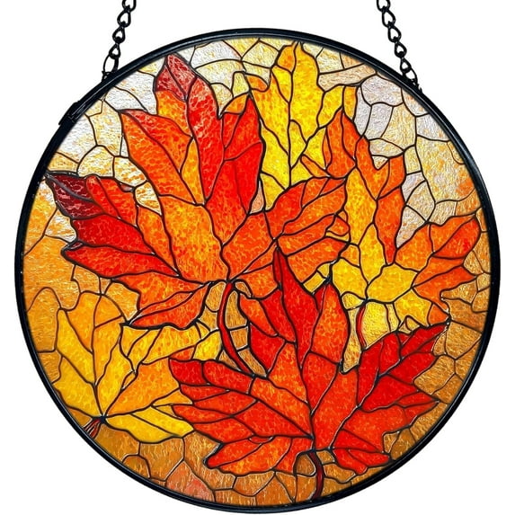 Fall Leaf Stained Glass Window Hanging, Rustic Autumn Maple Leaves Sun Catchers Indoor Window Glass Round Wall Art Decor, Fall Autumn Wall Hanging Decorations