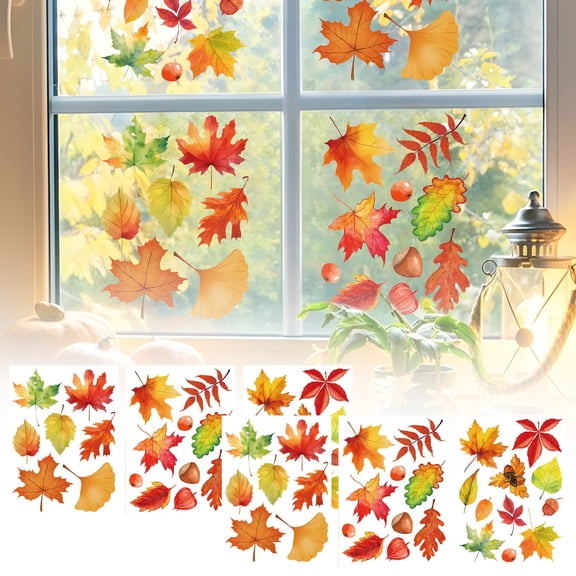 Fall Leaf Stickers Autumn Window Clings for Glass Windows Double Side Maple Pumpkin Nut Autumn Stickers Self-Adhesive Seasonal Decorations (6Pcs 2.3~4.7" x 2.8~4.4")