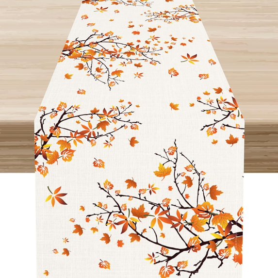 Fall Leaf Table Runner, Rustic Harvest Autumn Orange Maple Leaf Thanksgiving Farmhouse Retro Coffee Table Center Decor for Family Kitchen Outdoor Party Holiday Table Decorations, 13"x108"