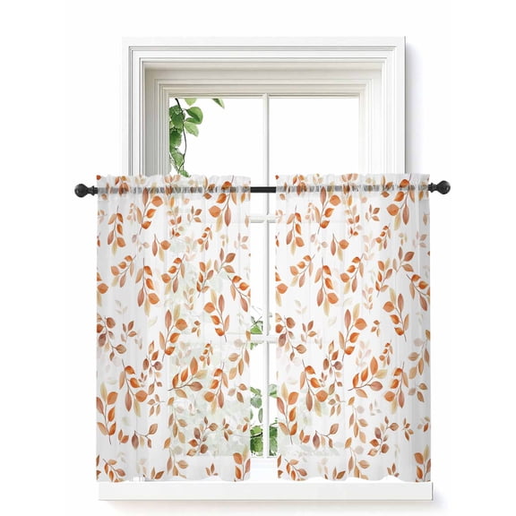 Fall Leaf Tier Curtains 45 Inch Length,Sheer Curtains for Bedroom Living Room Window Retro Autumn Tree Branch Ombre Orange Rod Pocket Drapes Kitchen Curtains Small Half Window 27.5"x45" 2 Panels