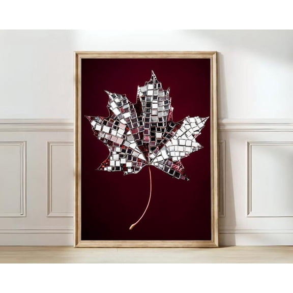 Fall Leaf Trendy Autumn Leaves Burgundy Maximalist Disco Ball Print, Unframed Paper Print Size 8x12