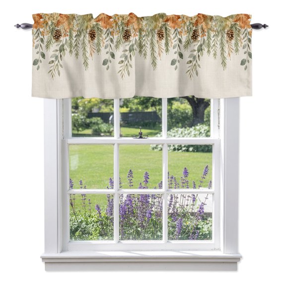 Fall Leaf Valances for Windows, Botanical Eucalyptus Leaf Dried Pinecone Berry Linen Texture Rod Pocket Short Window Valance Curtains Holiday Window Treatment for Kitchen Bathroom 42" x 18"