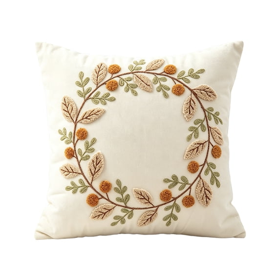 Fall Leaf Wreath Embroidered Throw Pillow Cover Thanksgiving Sofa Decor