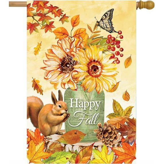 Fall Leave Sunflower Squirrel Butterfly Berry Pinecone House Flag 28" x 40" Double Sided Polyester Welcome Large Yard Garden Flag Banners for Patio Lawn Home Outdoor Decor
