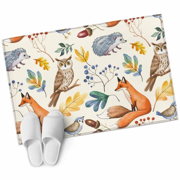Fall Leaves 2'x3' Washable Rug, Autumn Thanksgiving Fox Hedgehog Owl Retro Non-Slip Soft Doormat Area Rugs for Entrance Bathroom Bedsides, Carpet for Kitchen Bedroom, Entryway Floor Mat