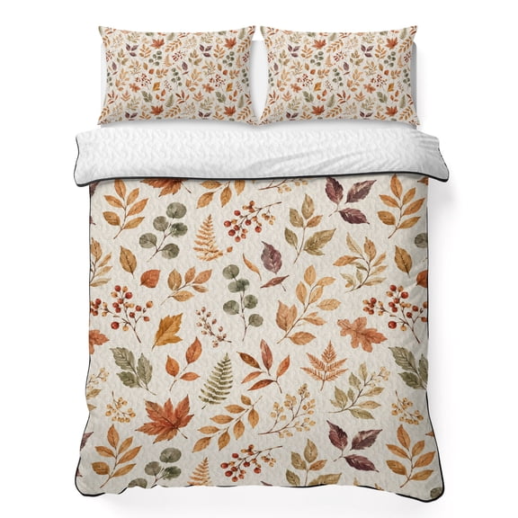 Fall Leaves 3 Piece Quilt Bedding Set with 2 Pillow Shams, Rustic Brown Green Orange Oak Leaves Maple Foliage Lightweight Bedspread Coverlet, Soft Breathable All Season Quilt, 68 x 98 Inch