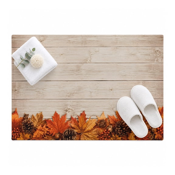 Fall Leaves Area Rug 2'x3', Rustic Orange Maple Oak Leaf Pinecone Wood Grain Mat Non-Slip Silicone Backing Machine Washable Area Rugs for Front Door Kitchen Sink Area