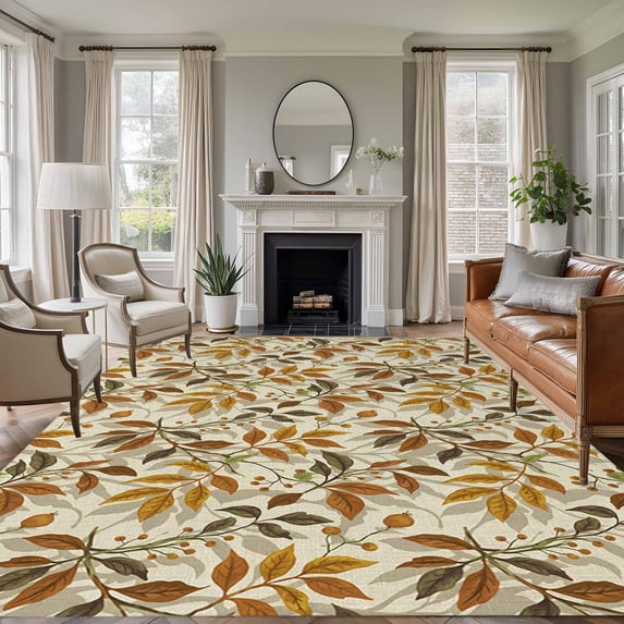 Fall Leaves Area Rug 5x7 Washable Rug Non Slip Farmhouse Autumn Beige Botanical Large Area Rug Soft Stainresistant Indoor Floor Carpet for Living Room Bedroom Home Office Dining Room Nursery