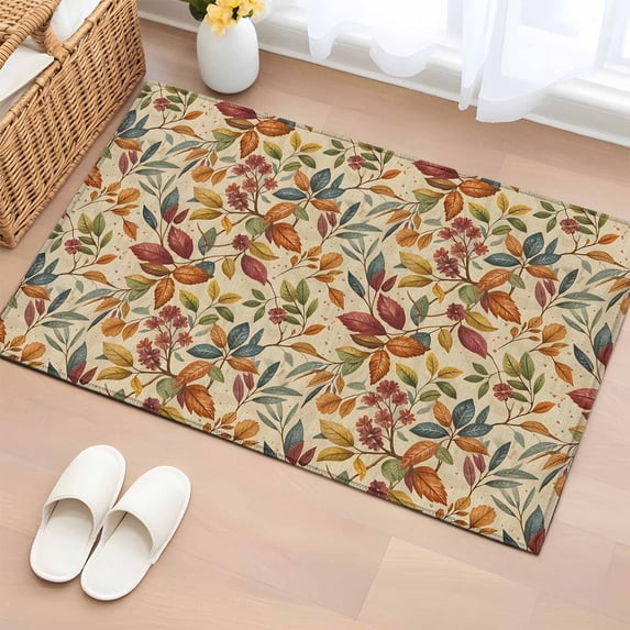 Fall Leaves Bathroom Mats 2x3 FT, Non Slip Small Kitchen Mat, Farmhouse Beige Botanical Leaf Autumn Washable Soft Backed Front Door Throw Rugs Non-Shedding Indoor Outdoor Doormat for Entryway Sink