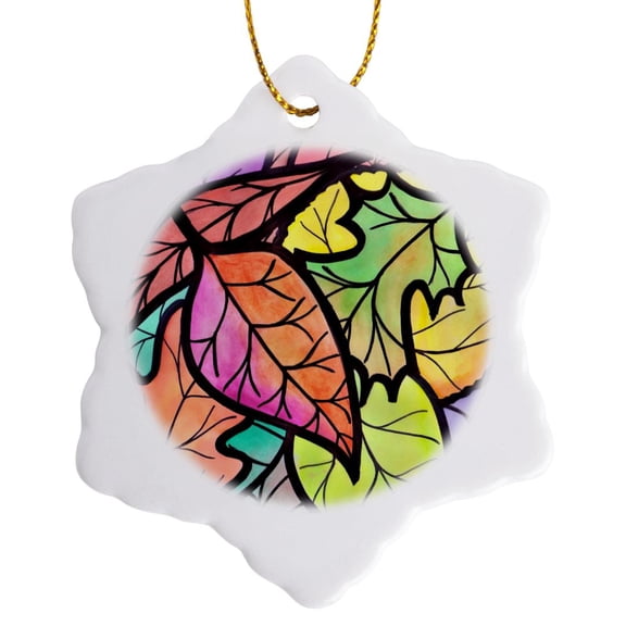 3drose, Fall Leaves Black Outline, 3 inch Snowflake Porcelain Ornament