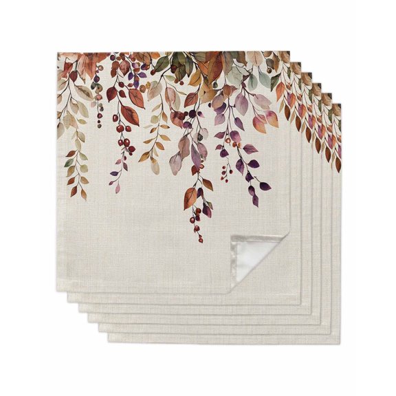 Fall Leaves Cloth Napkins Set of 6 Reusable Dinner Napkins, Vintage Rustic Watercolor Leaf Plants Cocktail Napkin Washable Table Napkins for Wedding/Holiday Party/Baby Shower 20"x20"