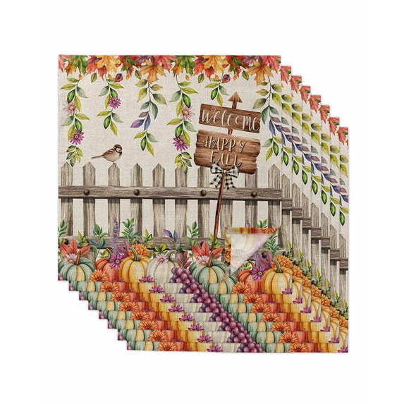 Fall Leaves Cloth Napkins Set of 8 Reusable Dinner Napkins, Thanksgiving Pumpkins Country Wildflowers Rustic Cocktail Napkin Washable Table Napkins for Wedding/Holiday Party/Baby Shower 20"x20"