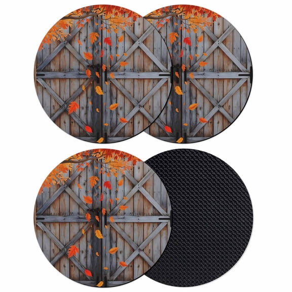 Fall Leaves Coasters Set of 4, Absorbent Coasters for Drinks, Autumn Maple Rustic Wooden Barn Door Coaster for Desk Coffee Table Protection, Home Decor House Warming Gifts 4"