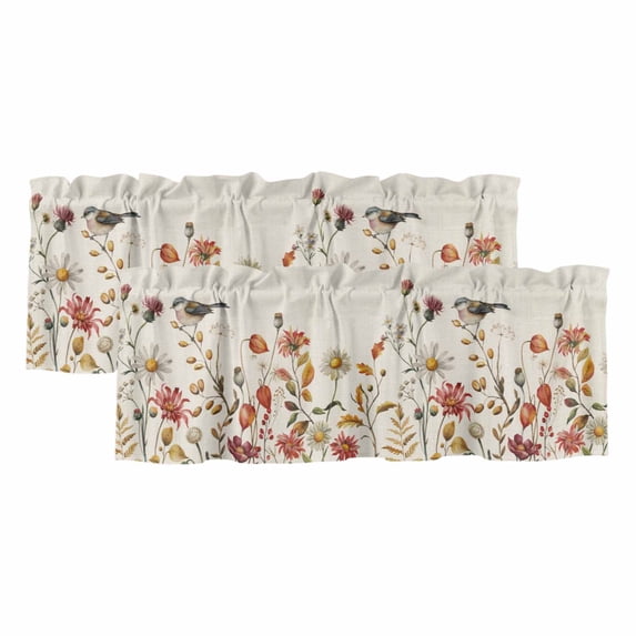 Fall Leaves Curtain Valances for Windows, Kitchen Valance Window Treatments Panel 2 Pack, Autumn Flowers Birds Retro Thanksgiving Rod Pocket Short Curtains for Bathroom Bedroom 54 x 18 Inch