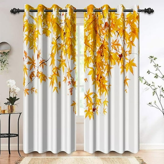 Fall Leaves Curtains, Golden Yellow Fall Maple Leaves Window Drapes For Living Room, Autumn Woodland Print Blackout Curtains For Bedroom 42"W x 63"L (Pack of 2)