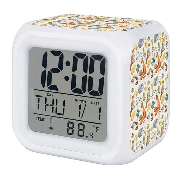Fall Leaves Digital Alarm Clock for Bedrooms, Smart LED Alarm Clock with 7 Color Changing Night Light, Autumn Thanksgiving Fox Hedgehog Owl Retro Silent Wake Up Clocks for Sleep Study Cooking