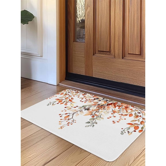 Fall Leaves Door Mat Indoor Outdoor Entrance, Non Slip Small Rug for Kitchen Bathroom Entryway Rug, Farmhouse Orange Eucalyptus Leaf Floral Washable Doormat Floor Mat for Office 16x24 Inch