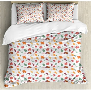 Fall Leaves Duvet Cover Set King Size, Hand Drawn Leaves Pattern Autumn Shades October Vibes and Floral, Decorative 3 Piece Bedding Set with 2 Pillow Shams, Multicolor, by Ambesonne