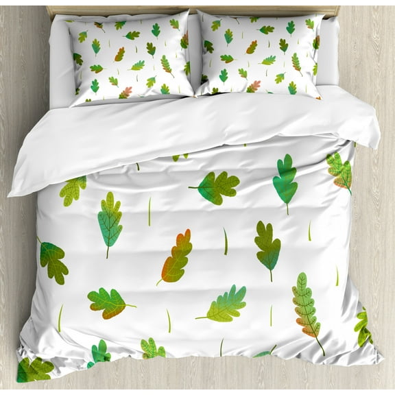 Fall Leaves Duvet Cover Set King Size, Randomly Arranged Leaf Pattern Foliage Dry Climate, Decorative 3 Piece Bedding Set with 2 Pillow Shams, Olive Green Fern Green, by Ambesonne