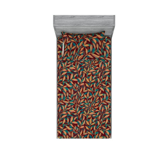 Fall Leaves Fitted Sheet & Pillow Sham Set, Romantic Autumn Concept Leafy Branch Pattern Chill Botany Aura Print, Decorative Printed 2 Piece Bedding Decor, Twin, Teal Amber Raspberry, by Ambesonne