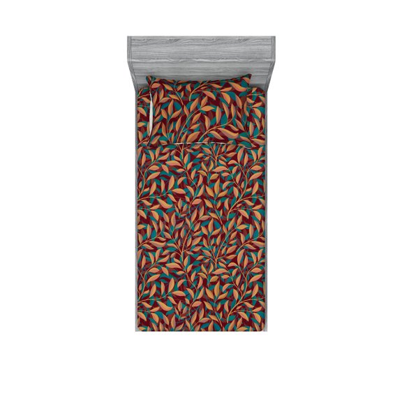 Fall Leaves Fitted Sheet & Pillow Sham Set, Romantic Autumn Concept Leafy Branch Pattern Chill Botany Aura Print, Decorative Printed 2 Piece Bedding Decor, Twin, Teal Amber Raspberry, by Ambesonne