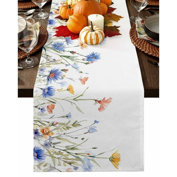 Fall Leaves Flower Table Runner-Cotton Linen- 70 Inch Holiday Dresser Scarves, Autumn Botanical Blue Yellow Floral Tablerunner for Kitchen Coffee/Dining Bedroom Living Room Dinner Scarf Décor 13x70