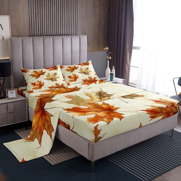 Fall Leaves King Sheets Autumn Maple Leave Bed Sheets Set,Yellow Botanical Sheet Set Plant Decor Top Sheet