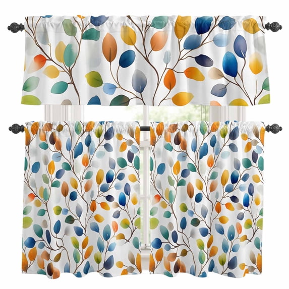 Fall Leaves Kitchen Curtains Valances and Tiers Set of 3 Colorful Leaves Tier Curtains and Valance with Rod Pocket for Small Windows, 27.5"x24"