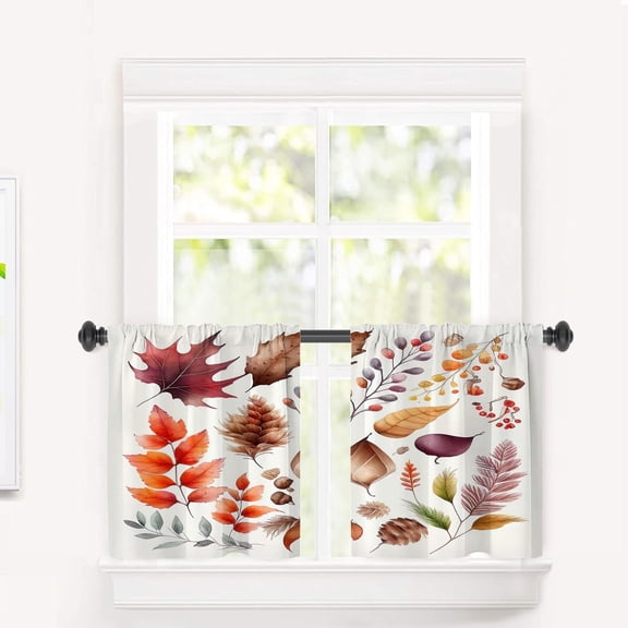Fall Leaves Kitchen Tier Curtains for Windows, Autumn Leaves and Berries Valances Multilayer Polyester Window Treatments for Kitchen 2 Pack 26X24 Inches