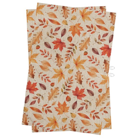Fall Leaves Kitchen Towels Dish Towel Pack of 2 Rustic Orange Maple Oak Leaf Foliage Linen Texture Soft Dish Cloth Set Absorbent Dishcloth for Drying Dishes, Hand Towels 18 x 28 Inches