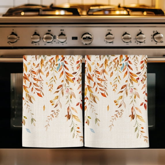 Fall Leaves Kitchen Towels Set of 4, Farmhouse Weeping Leaf Rustic Beige Absorbent Dish Towels for Kitchen, Microfiber Hand Towel, Quick Drying Tea Towel for Cleaning Decorative Dishcloths