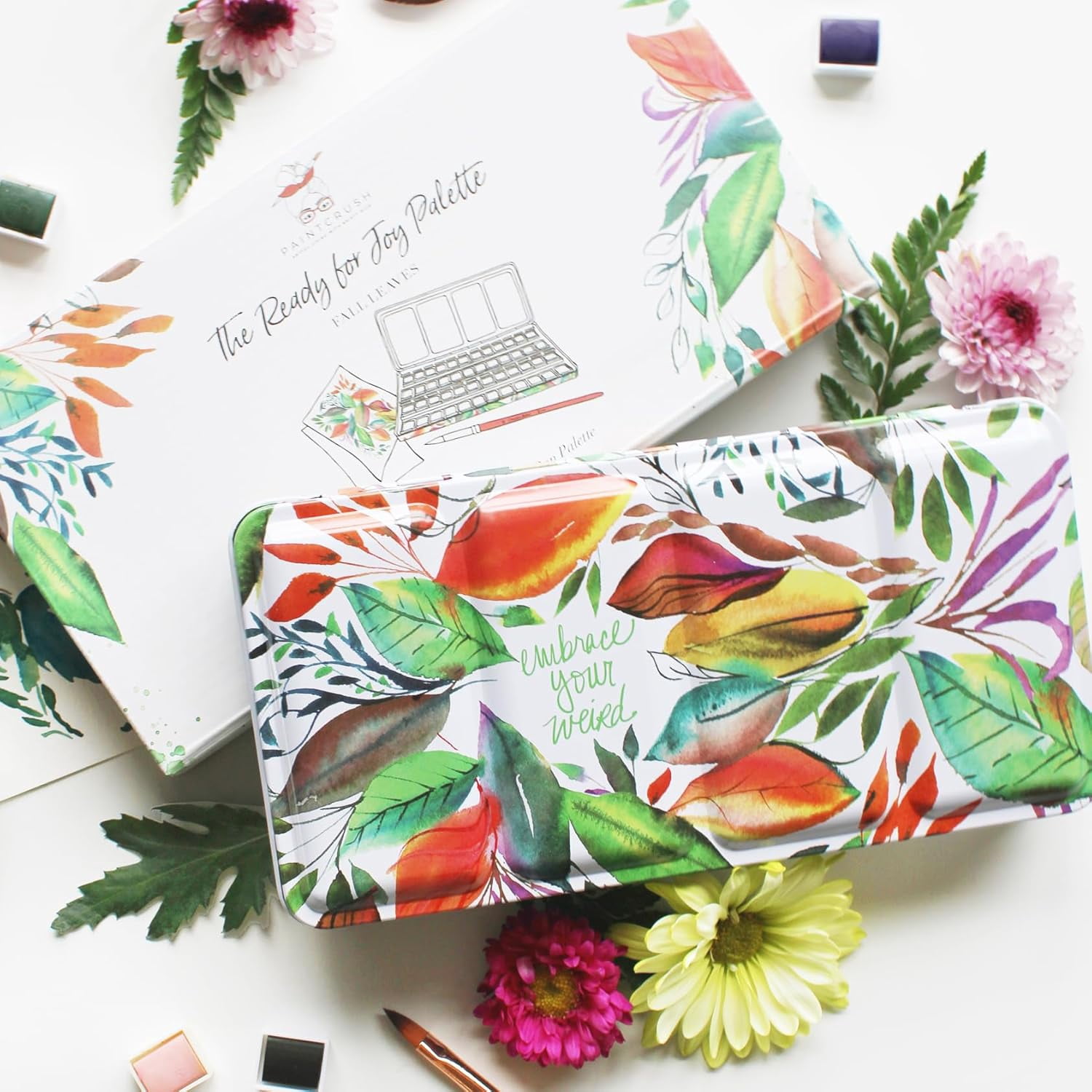 Fall Leaves-Kristy Rice Collectible Artist Watercolor Empty Paint Tray & 48 Watercolor Pans- Sturdy Empty Tin-Travel Watercolor & Lid-Watercolor Tin (Fall Leaves)