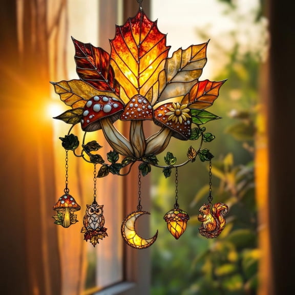 Fall Leaves Mushroom Faux Stained Glass Acrylic Suncatcher, Hanging Window Decoration With Cute Charms Owl Moon Acorn Squirrel, Whole Sale